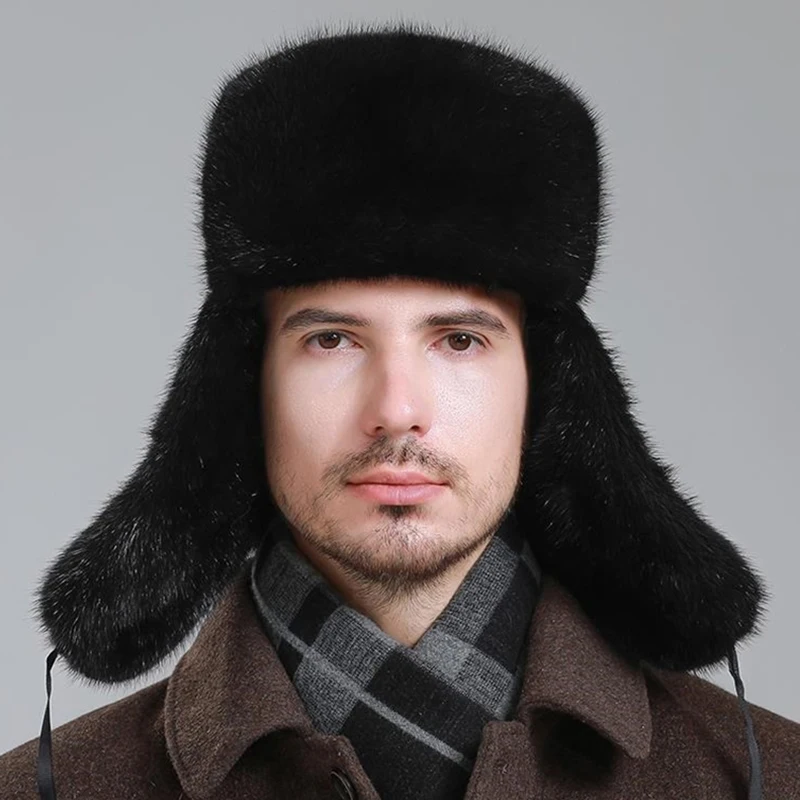 winter hat earflap men real mink fur hats fur protect ear warm enough russian ushanka Genuine Leather bomber hat