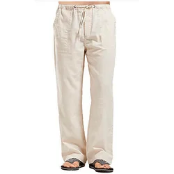 Men's Cotton Linen Pants Summer Solid Color Breathable Linen Trousers Male Casual Elastic Waist Fitness Pants