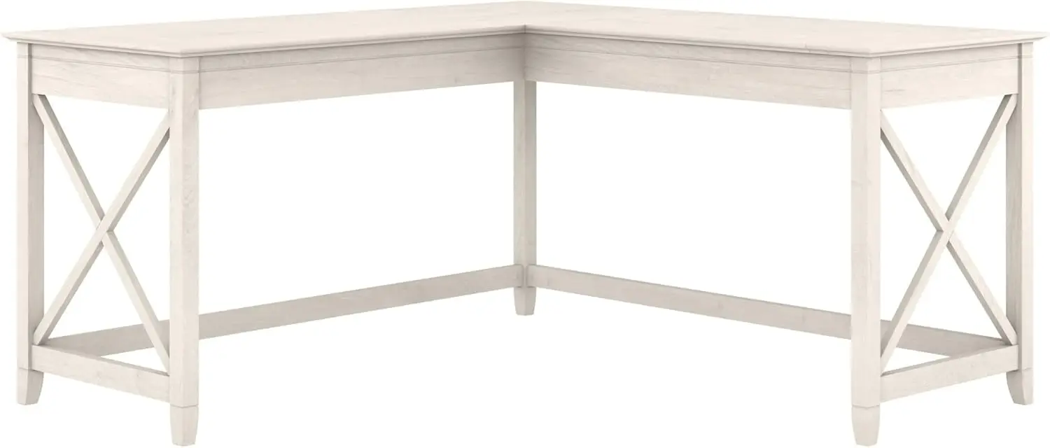 Bush Furniture Key West 60W Modern Farmhouse L Shaped Desk in Linen White Oak | 60-Inch Corner Table for Home Office