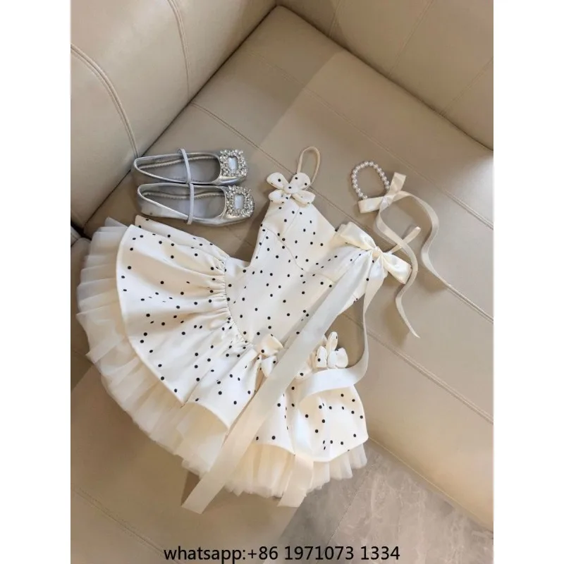 Spring Sweet Ballet Princess Mesh Patchwork Dress Women Summer Elegant Polka Dot Strap Puffy Mini Dress Female Birthday Outfits