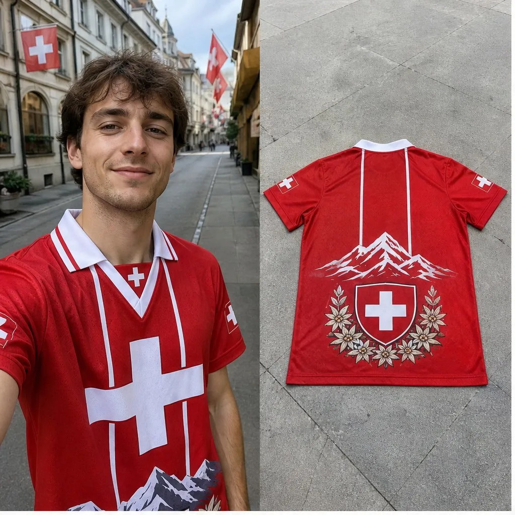 Mens Switzerland Large Cross Mountain Floral Graphic Semi Polo V Neck T Shirt Short Sleeve Casual Alpine Jersey Top Heritage Fit