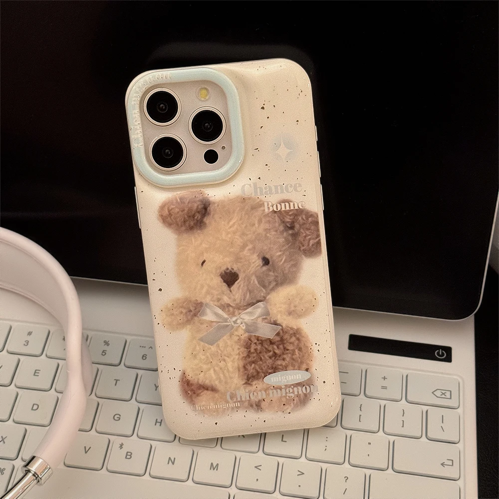 Korean Ins Cute Cartoon Little Bear Boll Phone Case for iPhone 15 14 13 Pro Max 12 Pro 11 Back Cover image 6