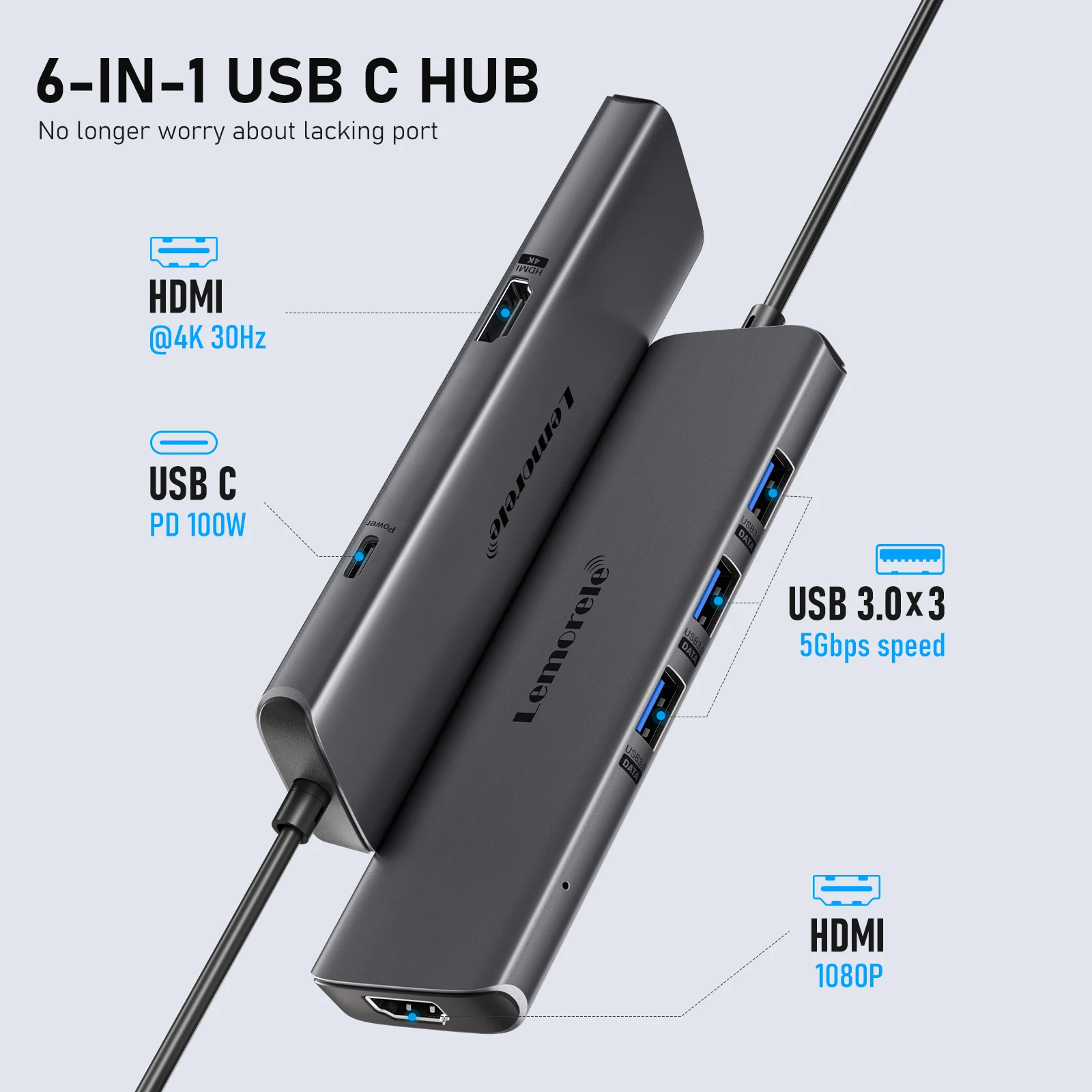 Lemorele USB Hub USB-C إلى محطة إرساء HDMI مزدوجة 4k @ 30 هرتز 6 منافذ USB3.0 Hub MST Type C محطة إرساء لنظام التشغيل Windows / MacOS #1