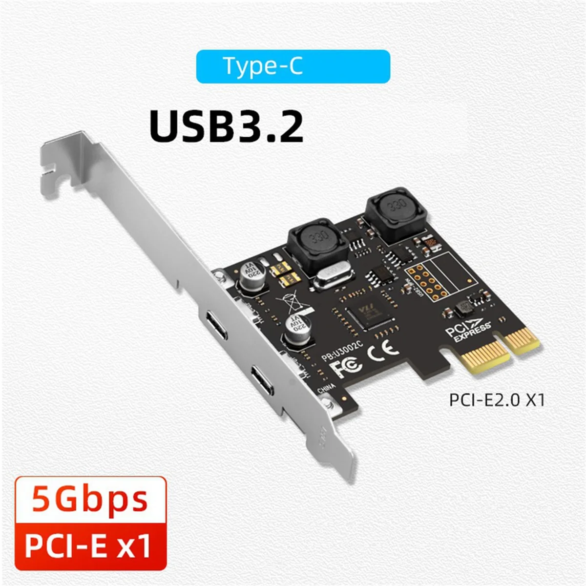 PCI Express X1 to USB 3.0 5Gbps 2-Port Type C Expansion Card Hub Adapter Controller VIA Chip for Desktop PC