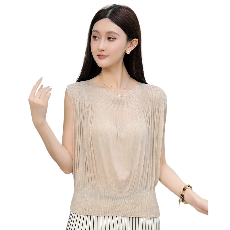 Miyake plissado temperamento versátil topos para mulher 2025 verão novo em torno do pescoço cor sólida solta camiseta de manga curta