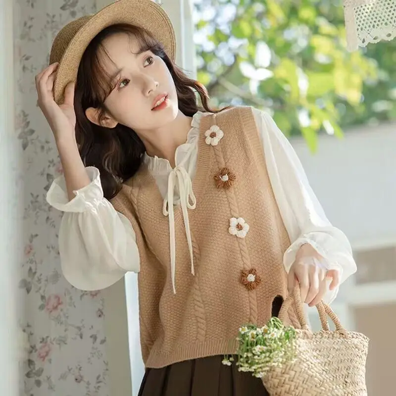 

Lady Sweaters Sweet Pullover Wear To Work Aesthetic New Knitwear Warm Tops Waistcoat 2025 Light Y2k Flowers Knit Vests For Women
