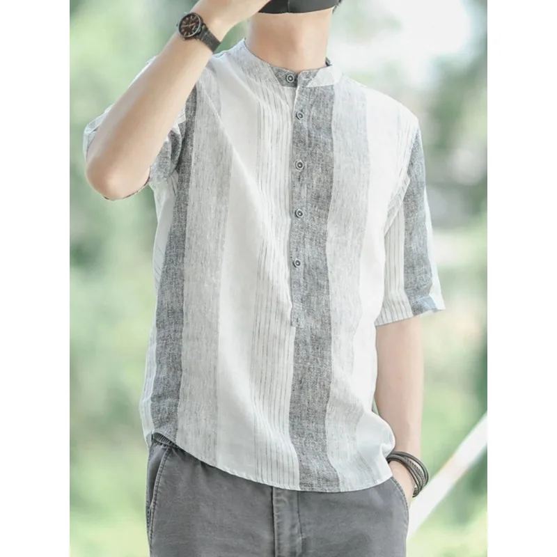 Mandarin Collar Half Placket Striped Linen Short Sleeve Shirt Men Casual Summer Blouse