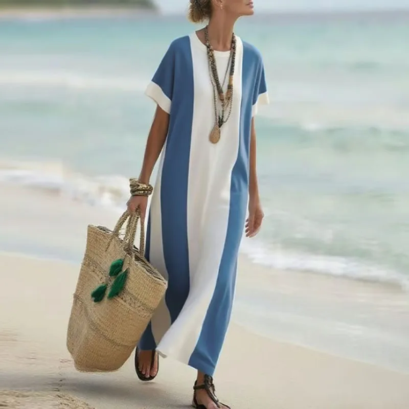Abito da spiaggia per le vacanze elegante girocollo primaverile Abito da donna chic patchwork di colori a contrasto Abito lungo estivo a maniche corte con spacco Boho