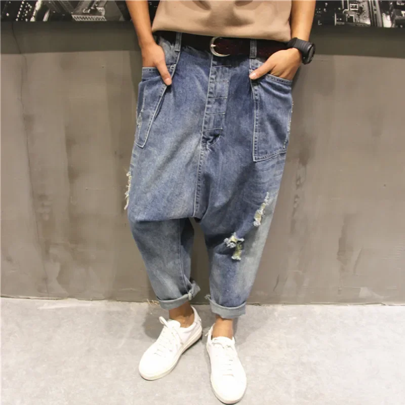 Summer blue Drop Crotch denim pants Male Streetwear dance baggy cross trousers Men Loose Skateboard Ripped Sagging jeans FSH21