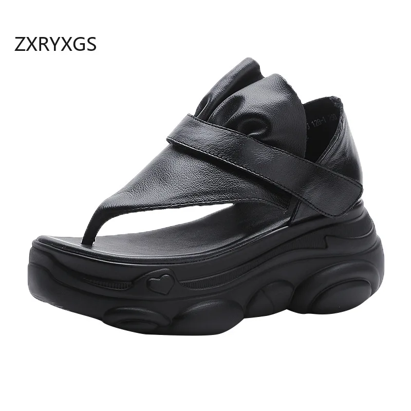 ZXRYXGS Top Layer Cowhide Flip-flops Platform Elevator Sandals New 2025 Summer Genuine Leather Sandals Black Shoes Women Sandals