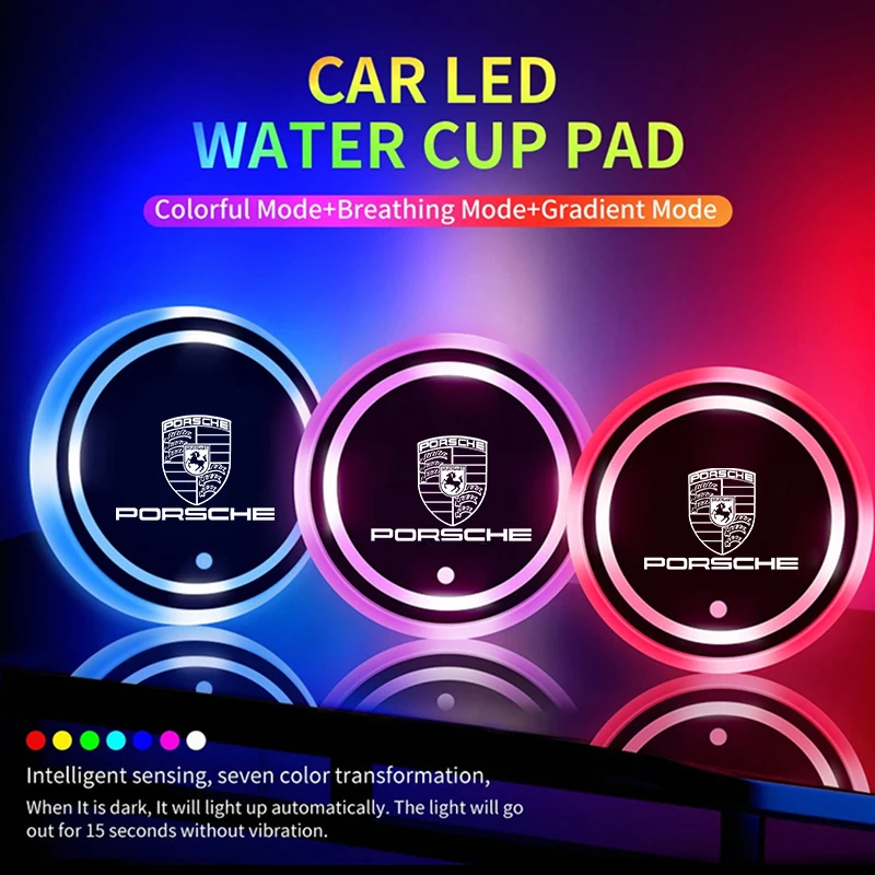 2Pcs LED Luminous Car Water Cup Coaster Holder 7 Colorful USB Charging For Porsche Boxster Cayman Cayenne 911 718 Macan Panamera