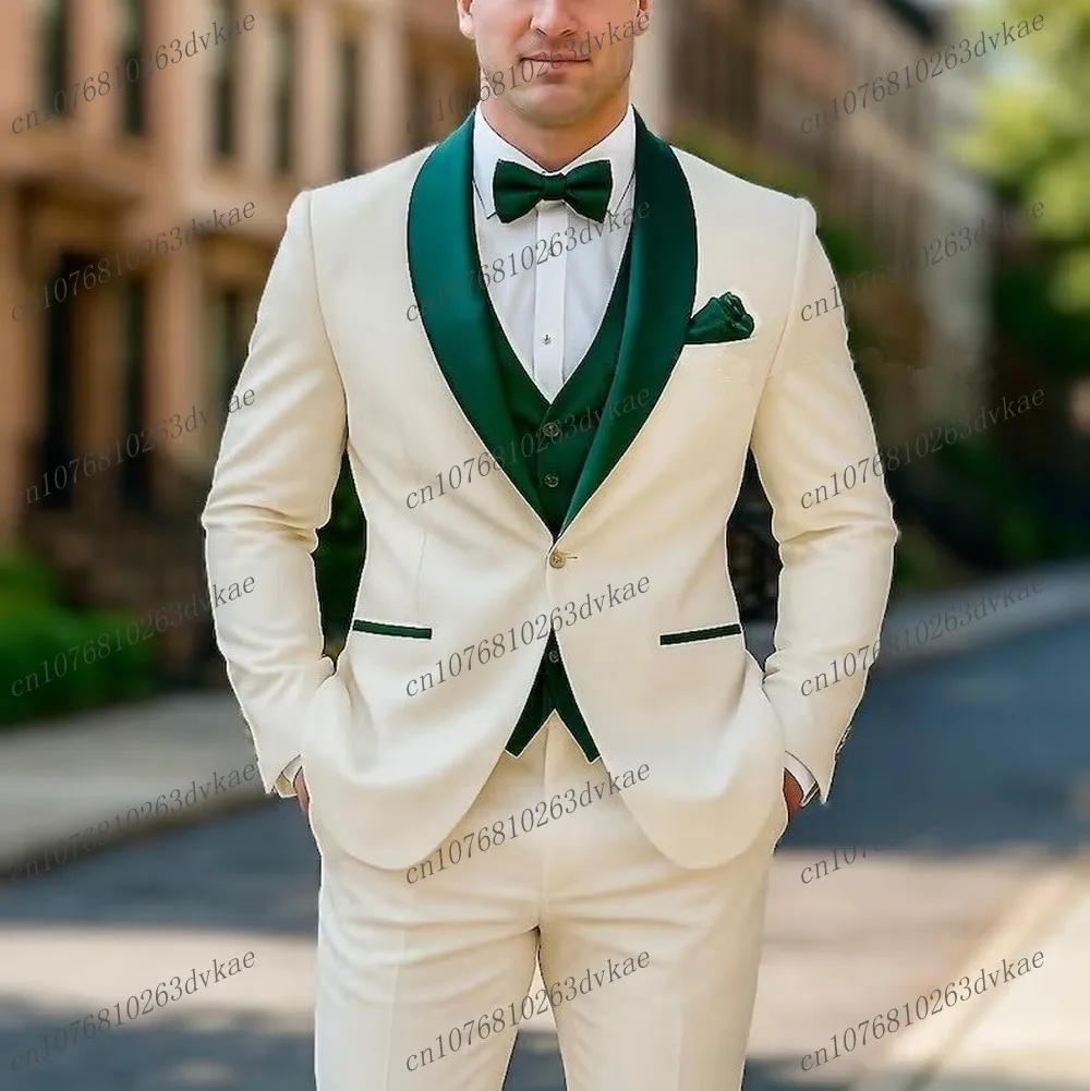 

New White And Green Men Suit Wedding Party Formal Groom Groomsman Prom Business Male Tuxedos 3 Piece Set Jacket Vest Pants