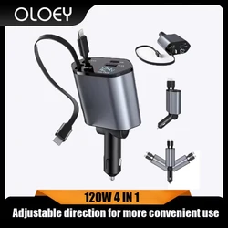 120W 4 in 1 retractable car charger USB C cable for iPhone Huawei Samsung fast charge cord adapter PD qc3.0