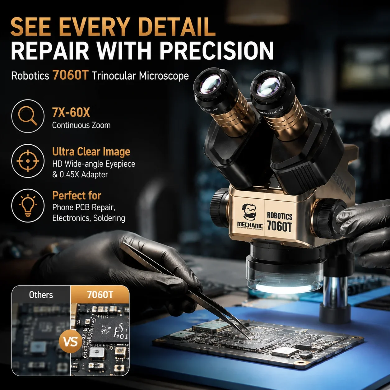 MECHANIC Robotics 7060T 7X-60X Simul-Focal Trinocular Zoom Stereo Microscope Head WF10X/25mm Eyepiece Phone PCB Soldering Repair