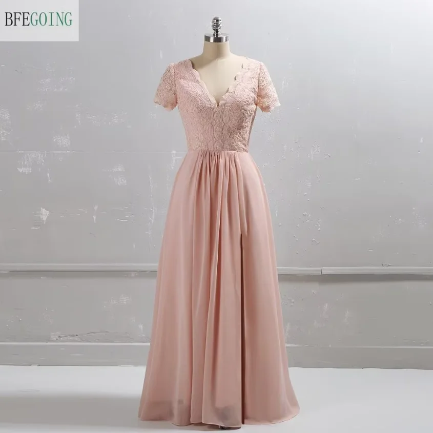 

Pink Chiffon Lace Bridesmaid Dresses V-Neck Floor-Length Short Sleeves