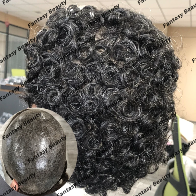 1B10 1B20 Grey Human Hair Men Toupee Natural Hairline Super Durable 18mm Curly Afo Male Wigs Replacement Prosthesis Capillary