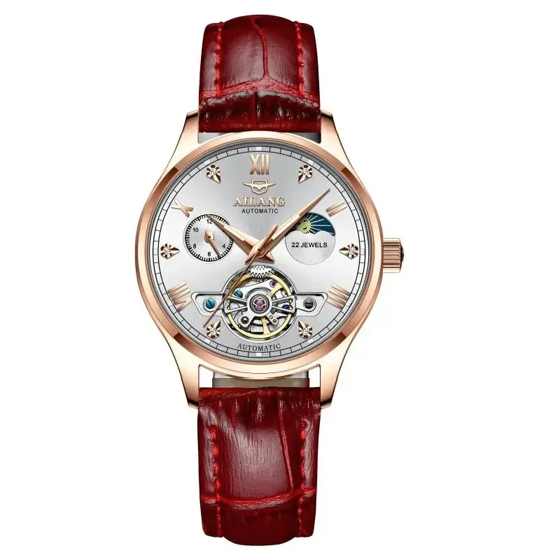AILANG-8607L Luxury Mens Skeleton Automatic Watch Rose Gold Case Moon Phase Subdial Wine Red Leather Band Waterproof Unisex Watc