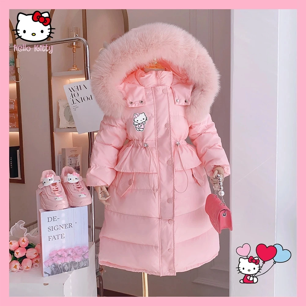 Cartoon Winter New Anime Sanrios Hello Kitty Girls Down Clothes Long Fur Hooded Cotton Padded Jacket Kids Warm Slimwaist Coat