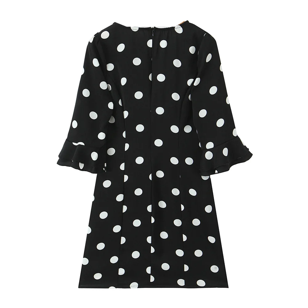 เดรสสั้นสไตล์วินเทจฝรั่งเศส ลายจุดขาวดำ คอวี แขนบาน 3/4  ผูกโบว์  ซิปหลัง  ชุดเดรสสั้นสำหรับผู้หญิง