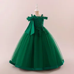 Christmas Party Girls Dress Big Bow Green Flower Wedding Birthday Princess Kids Dress For Girl Long Bridesmaid Evening Prom Gown