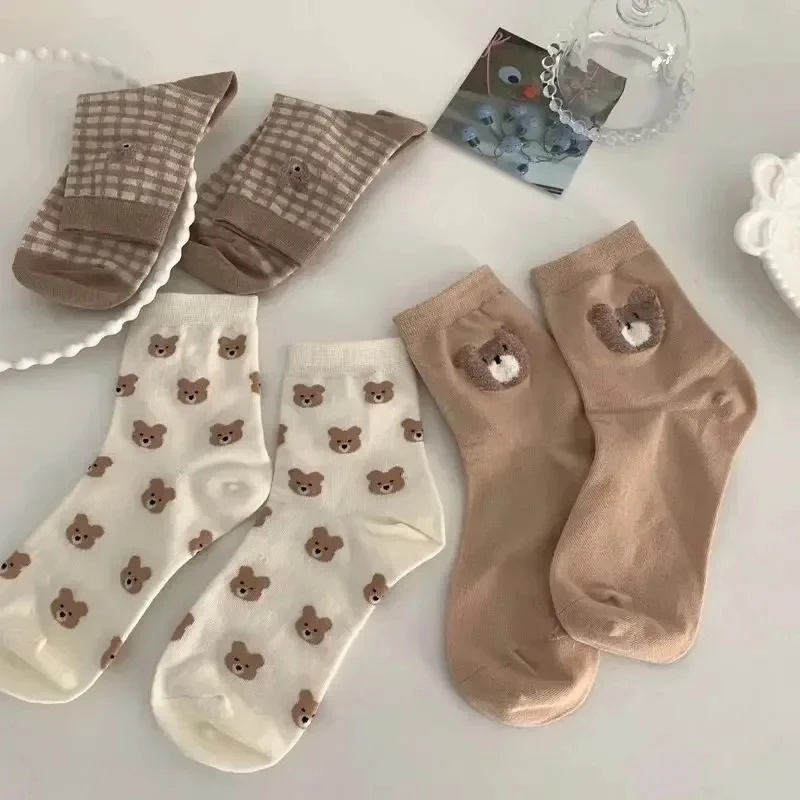 1/2/3/4pairs Creative New Brown Bear Socks Female Middle Tube Socks Japanese Cute Small Fresh Wild Student Socks Autumn