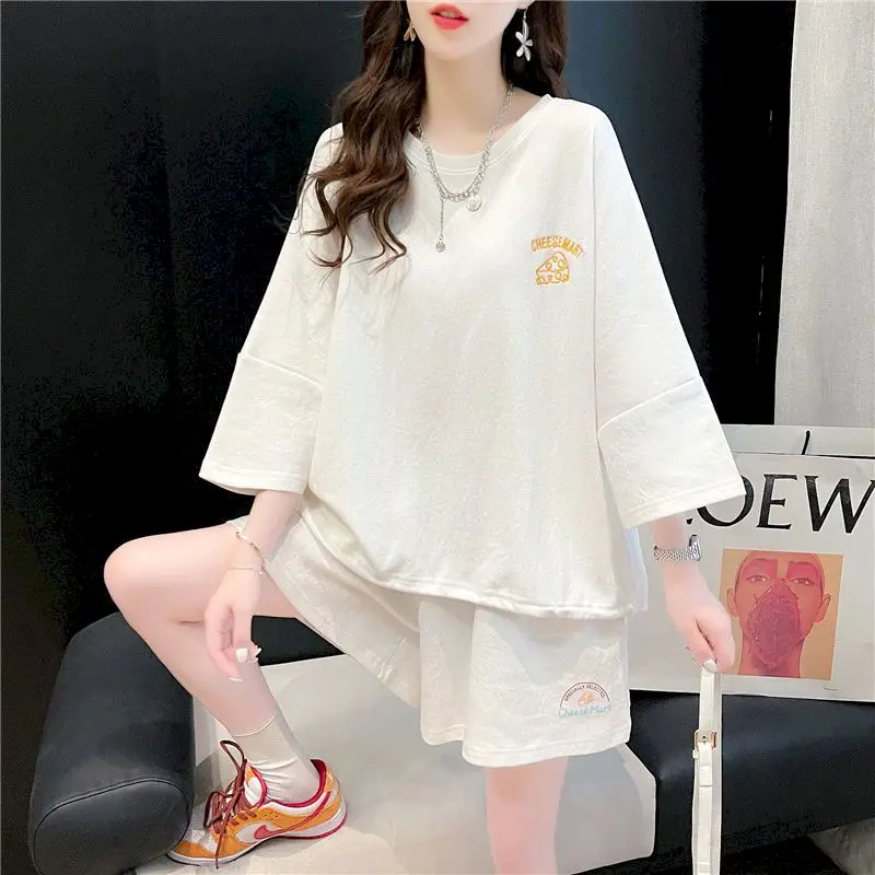 100% Cotton Casual Chic Sports Suits Women Short-sleeved T-shirt And Loose Shorts Two Piece Sets Summer Trend Womens T Shirt Set