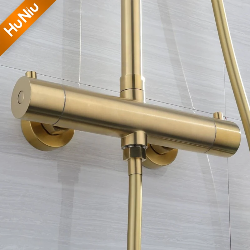HuNiu Thermostatic Shower System Set Stainless Steel Bathroom Shower Set Bath Shower Faucet Set Rainfall Shower Set Brushed Gold