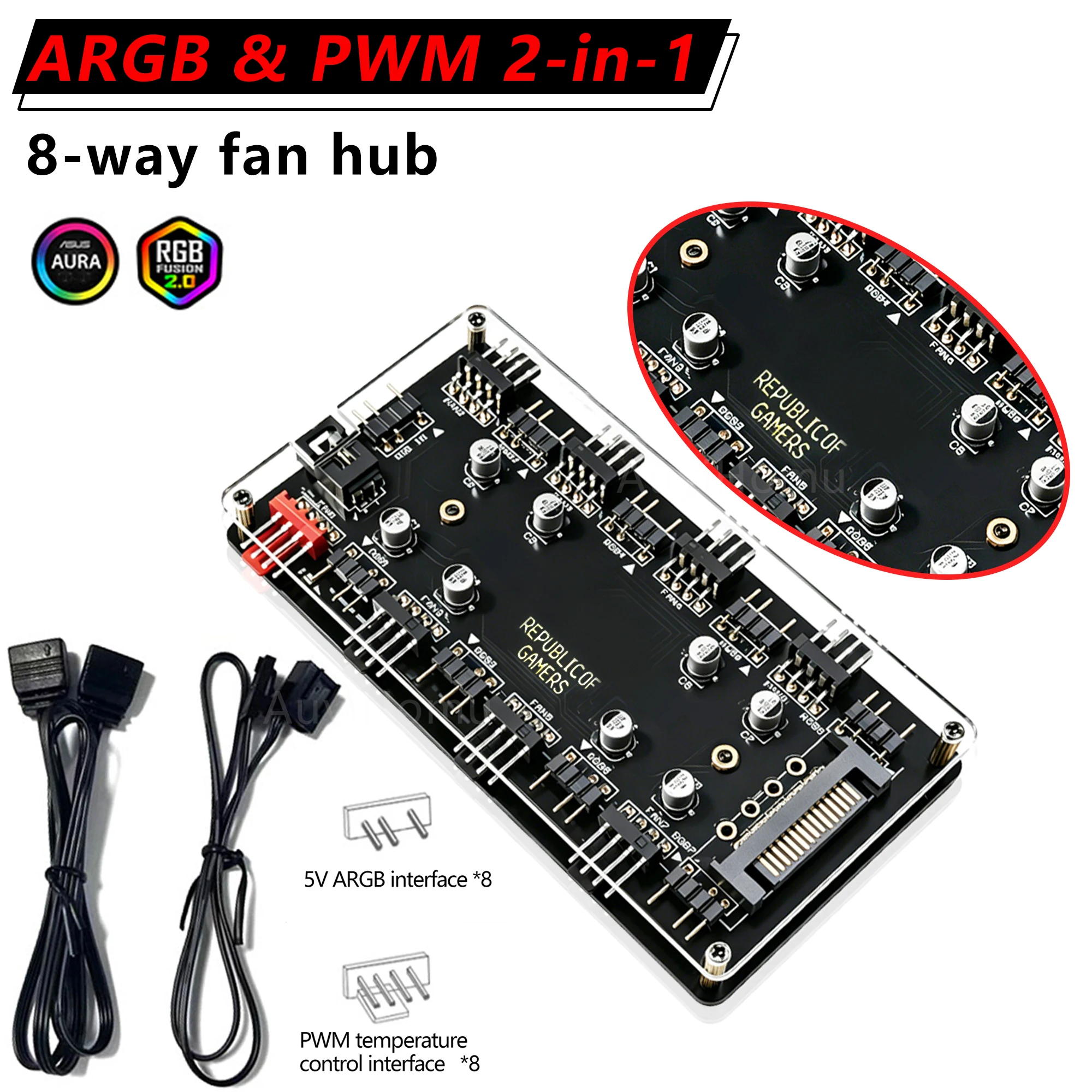 ARGB PWM 2-in-1 8 Channel Fan Hub SATA Power Supply Splitter 5V3Pin ARGB 4Pin PWM Splitter for Desktop PC Cooling LED Light Stri