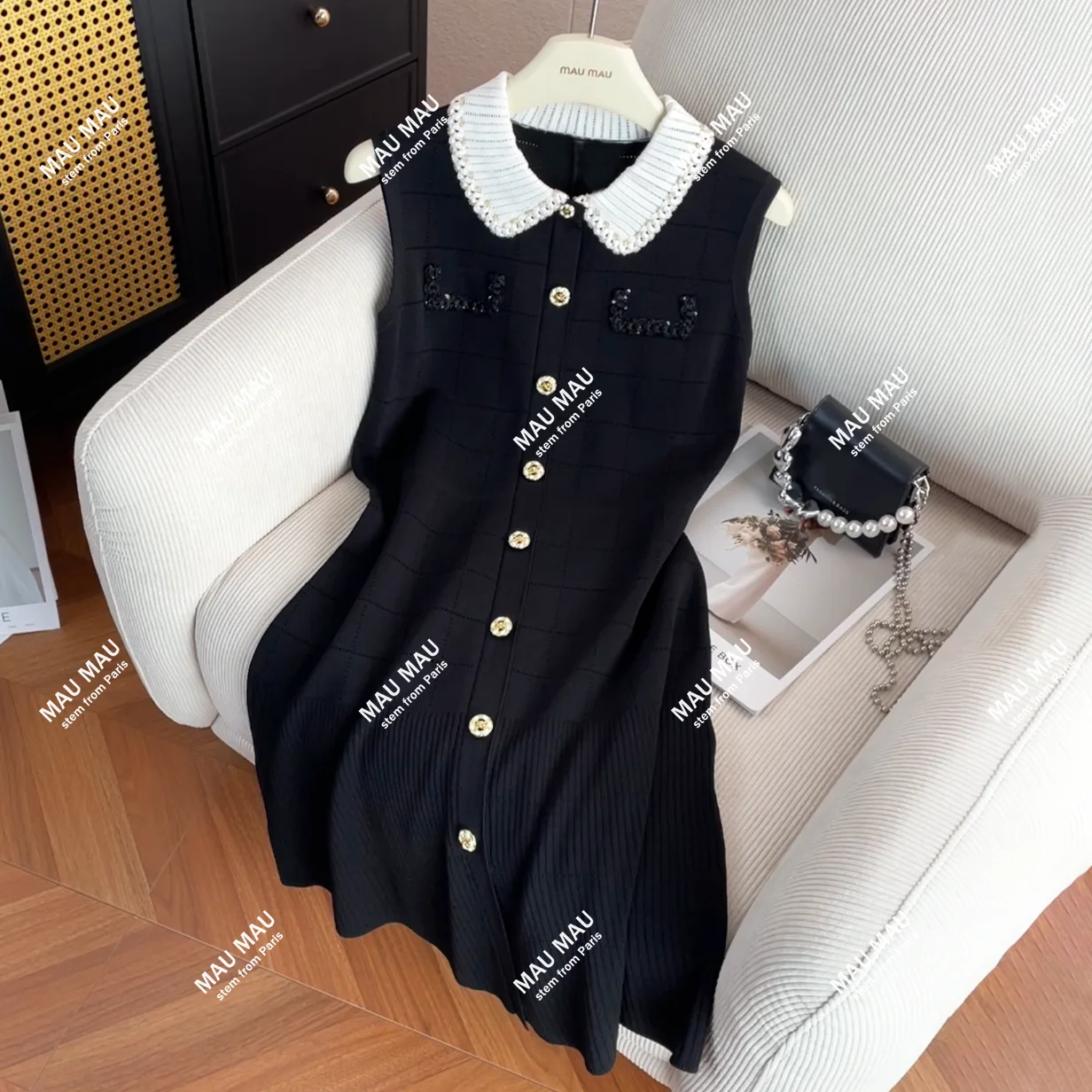 

High-End Knitted Vest Dr with Bule Pearl Detail High Waist A-Line Skirt Sle Summer Casual Wear for Women