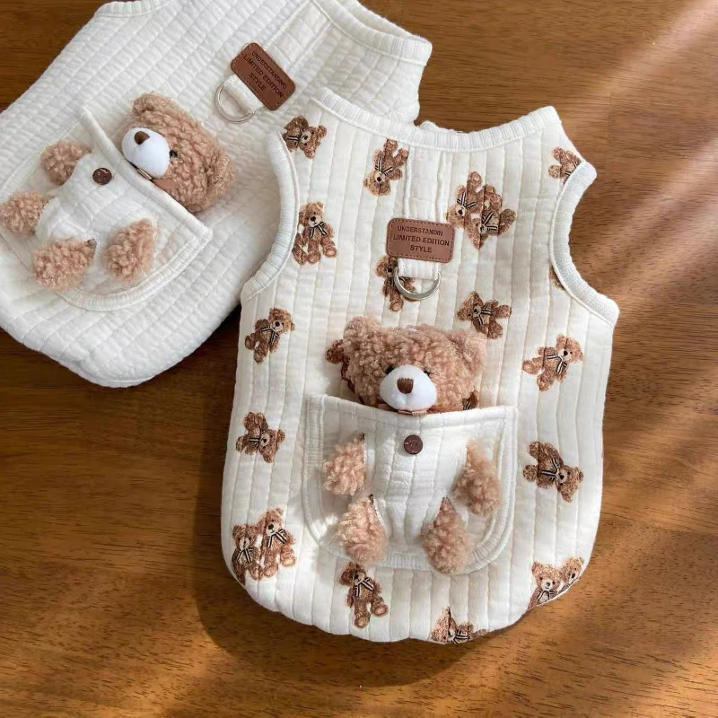 Quilted Cotton Tank Top Cute Teddy Pocket Little Bear Printed, Chest Back, Pet Dog, Cat, Warm, Autumn and Winter Clothing, New,