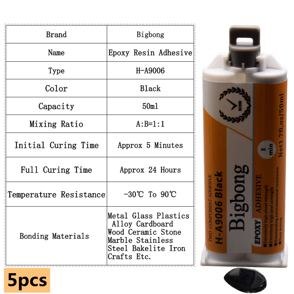 5 Stück 50ml Schwarzer Klebstoff 1:1 Epoxidharz AB-Kleber-Set für Stein, Holz, Keramik, Metall, Kunststoff, Fliesen, Riss- und Splitterreparatur, Verbindungsbindung – Detail 1