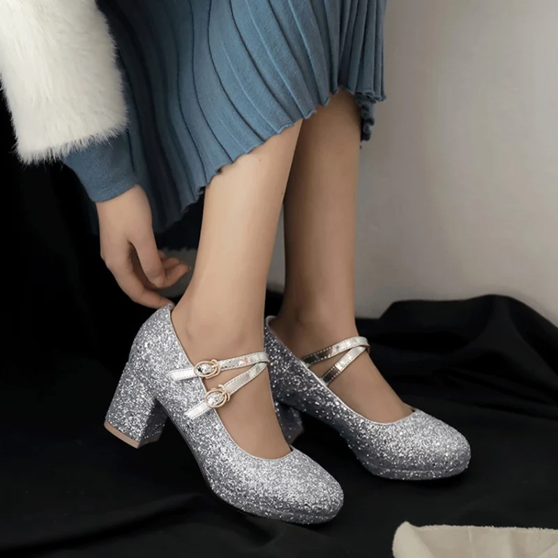 ORCHA LISA wedding shoes Women pumps Glitter Rhinestone ankle strap block heels party dress shoes silver