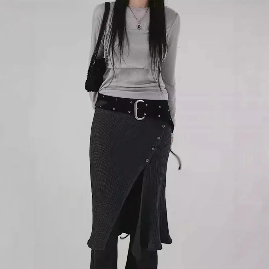 Уличный тренд, модная трикотажная юбка с высокой талией для похудения + брюки прямого кроя, повседневный универсальный тренд, дизайн комплекта из двух предметов