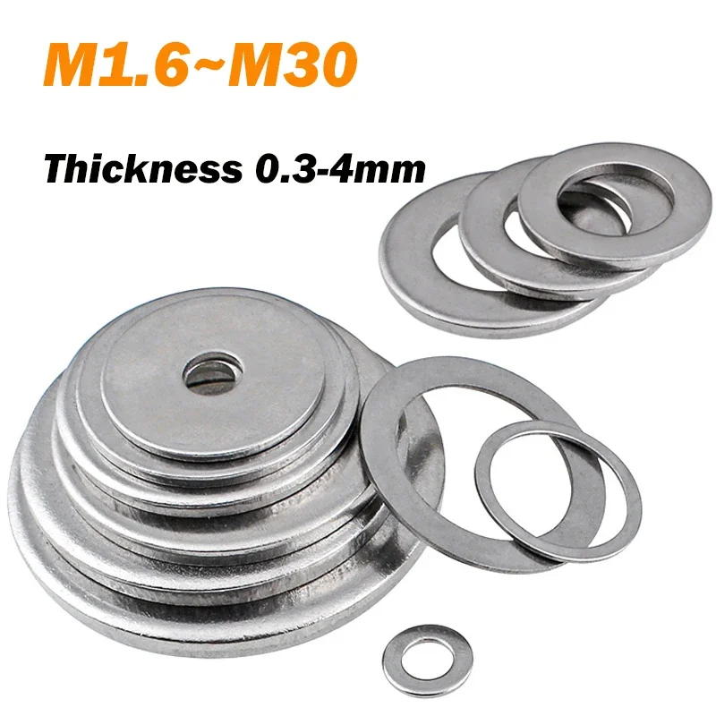 Flat Plain Washers M1.6 M2 M2.5 M3 M4~M30 Thickness 0.3-4mm 304 A2 Stainless Steel Big Metal Gasket Meson Plain Washers Din9021