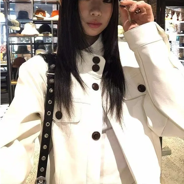 أبيض عادية متعددة الاستخدامات التخسيس الجلود Jaet الوقوف طوق ربيع الخريف المرأة الجديدة تصميم حصري ort ملابس خارجية