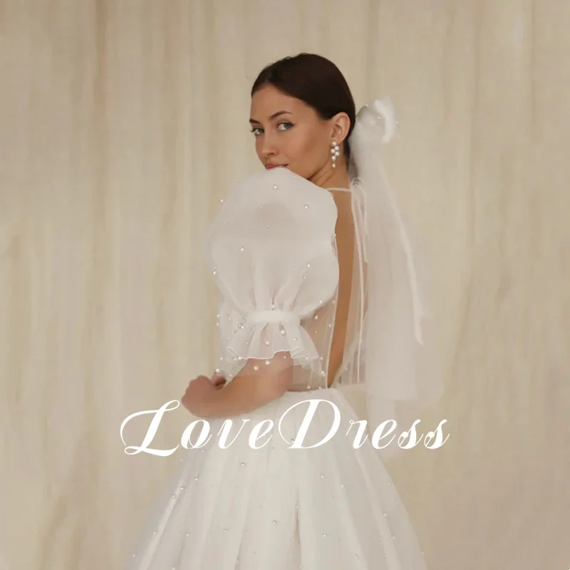 Love Modern Mini Tulle Bridal Gown Sexy Deep V-Neck Illusion Pleated Pearls Puff Sleeves Open Back Short Dress 2025 Customized