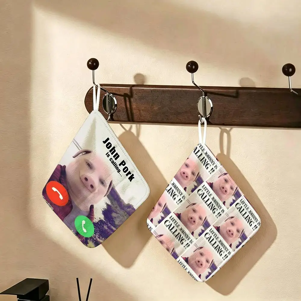 Funny J-John Pork Is Calling Polyester Cotton Hand Wiping Towel, Anti-shrink Hanging Kitchen Cloth for Household Cleaning