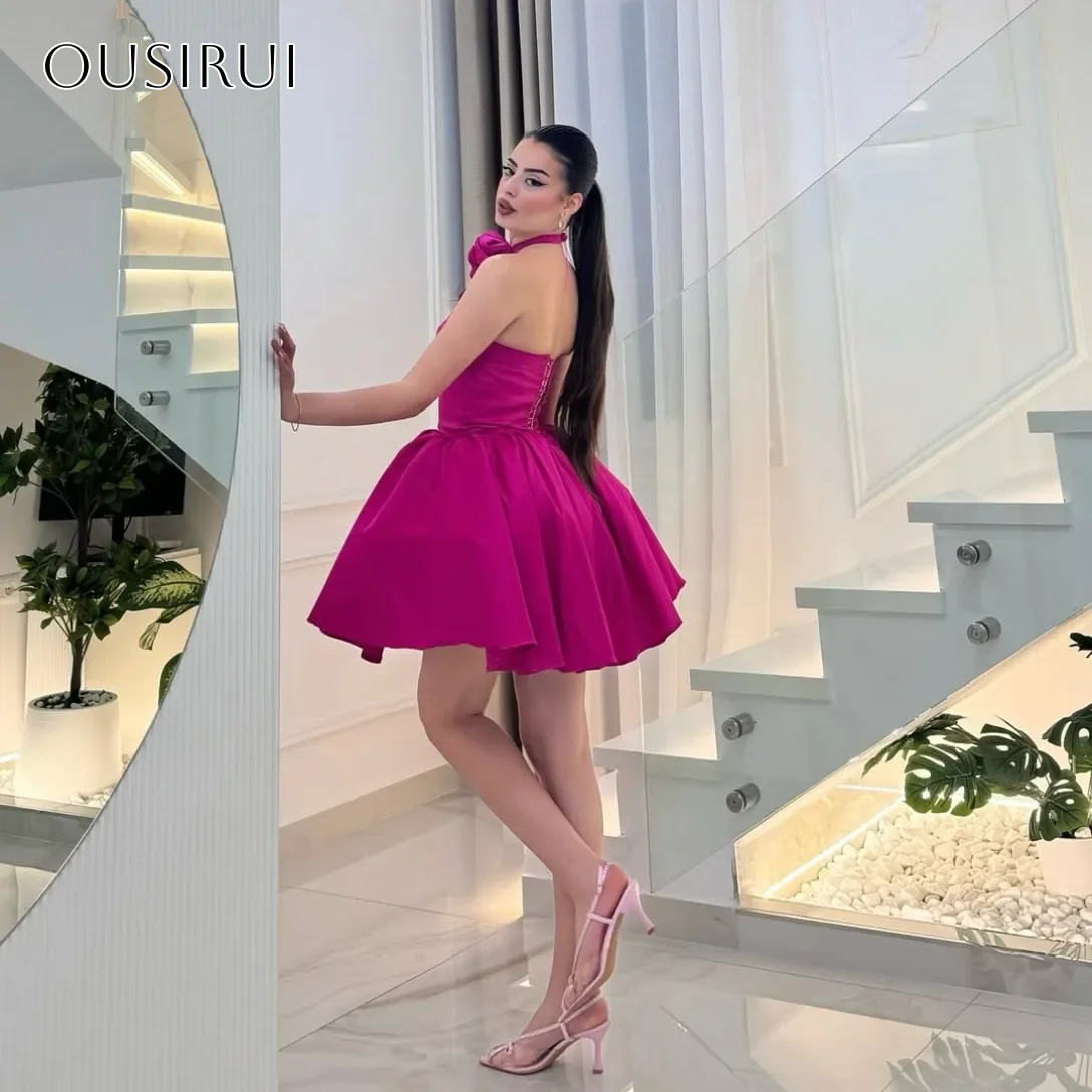Falbanki Halter Kwiat Satyna Krótkie Sukienki Koktajlowe w Linii A Bez Rękawów Formalne Ubrania na Przyjęcia Personalizowane شارون سعيد