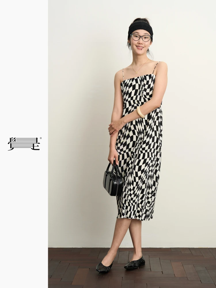 

Jue i оригинальный черный, с белым ромбовидным узором, длинный миди на бретельках, Dr, повседневная полиэфирная ткань, подходит для поездок на работу