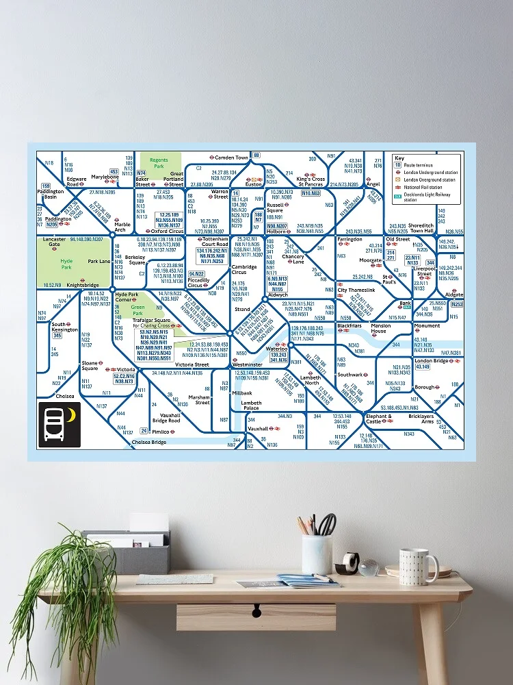 

London night bus map, Art Picture Print Silk Poster, Home Wall Decor