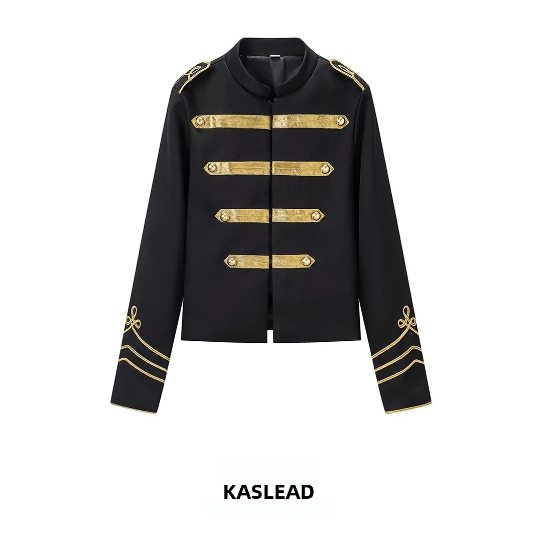 

KASLEAD New Fashionable Gold Button Jacket Women's Street Style Short Outerwear Simple Versatile Long Sleeve Polyester Fiber