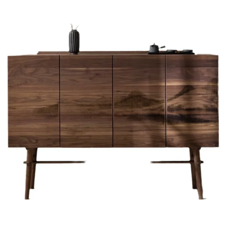 Nordic side cabinet, black walnut, all solid wood wine cabinet, storage landscape tea wabi-sabi wind