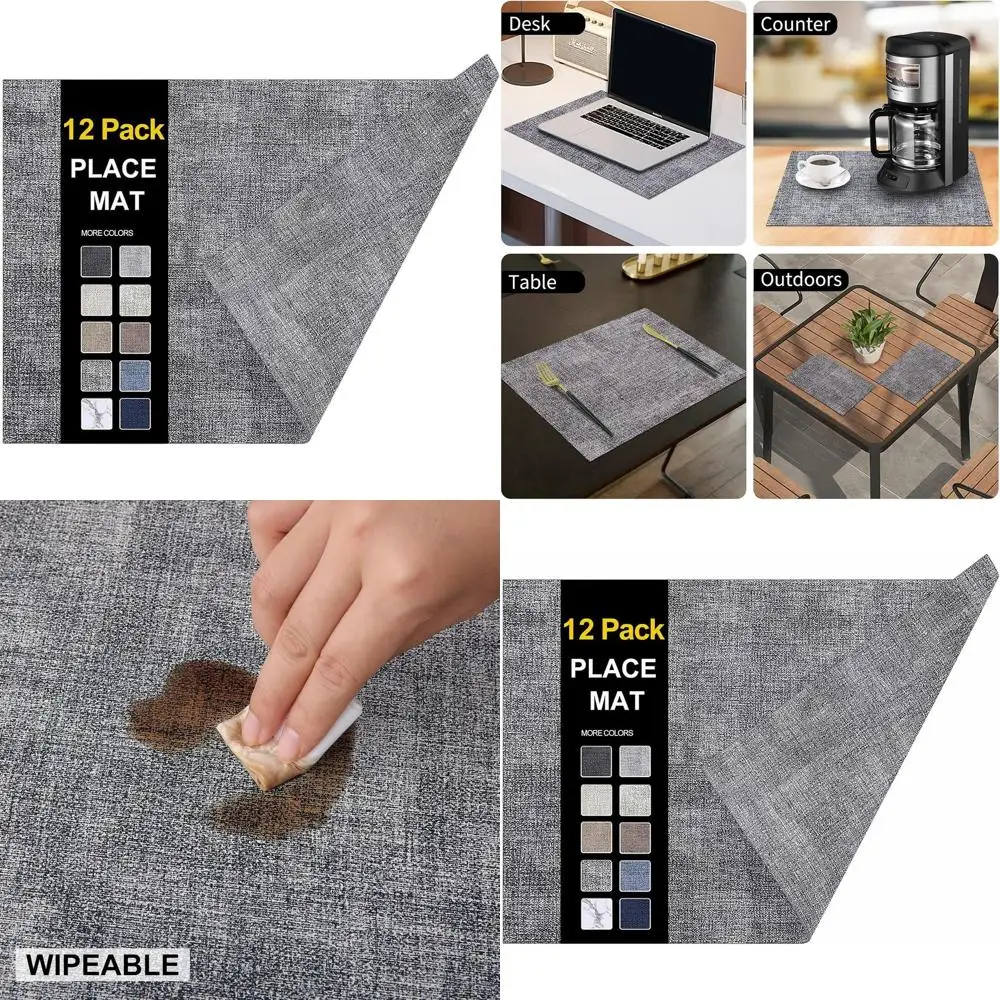 12-Pack Heat-Resistant PU Leather Placemats, Waterproof and Wipeable for Indoor/Outdoor Dining, Easy Clean, Smokey Grey