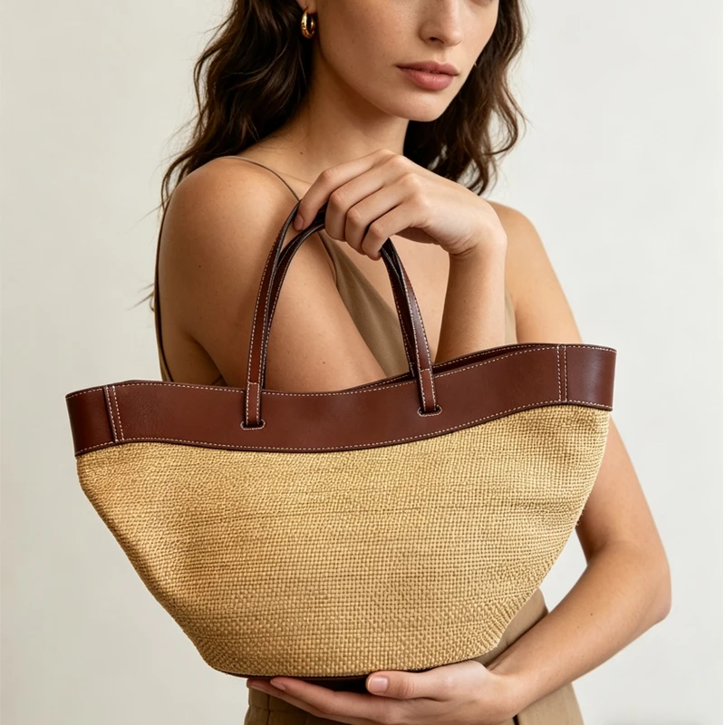 Beach Straw Tote Bags For Women Luxury Designer Handbags And Purses 2026 New In Grass With Cowhide Top Handle Underarm Shoulder