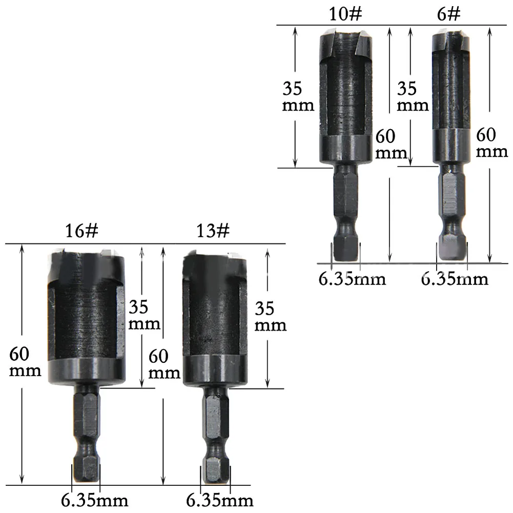 4Pcs Hex Shank Wood Plug Hole Cutter Drill Bit Plug Cutter Bored Hole Wood Tenon Woodworking Drilling Tools 6mm 10mm 13mm16mm
