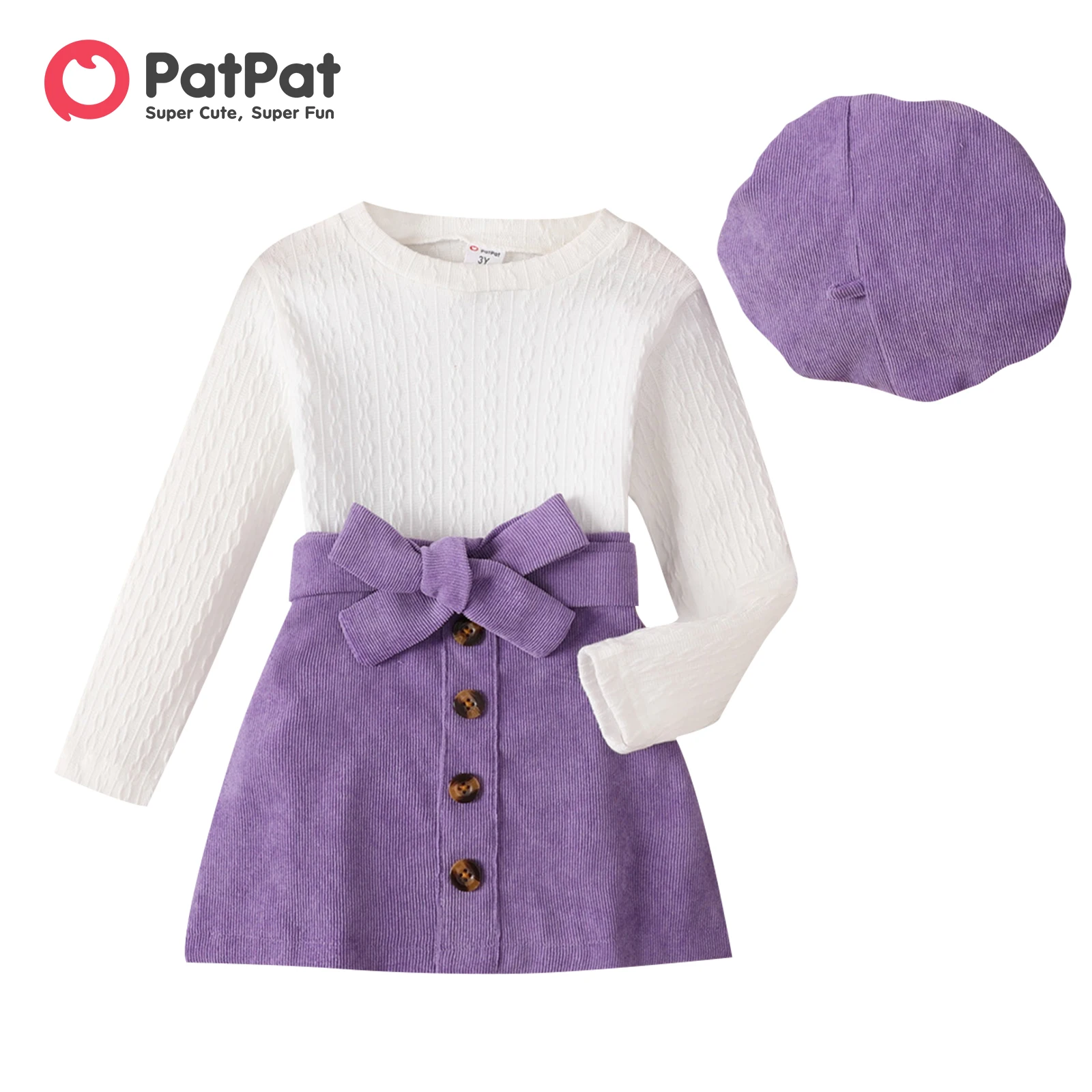 PatPat 3pcs Toddler Girl Cable Knit Top & Belted Skirt & Hat Set