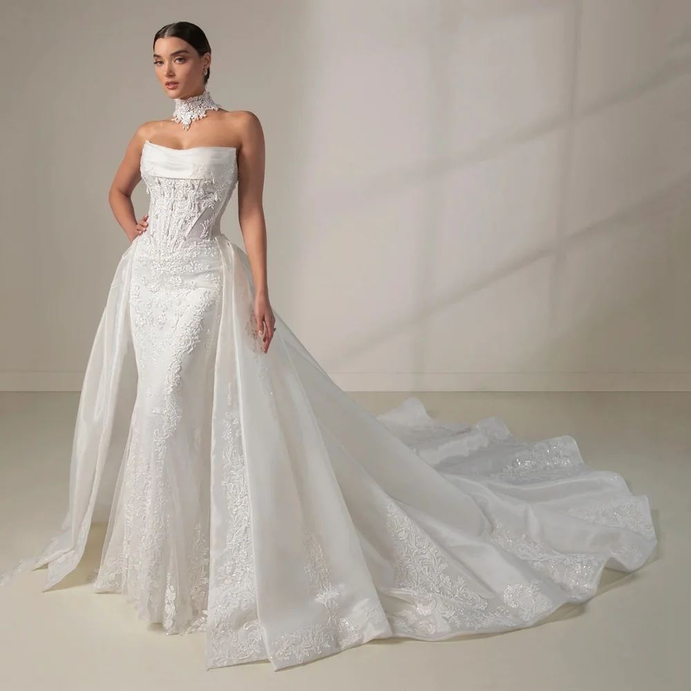 레이스 고급 웨딩 드레스 맞춤형 우아한 인어 신부 드레스 스트랩리스 스파게티 스트랩 신부 가운 베스티도스 데 노비아