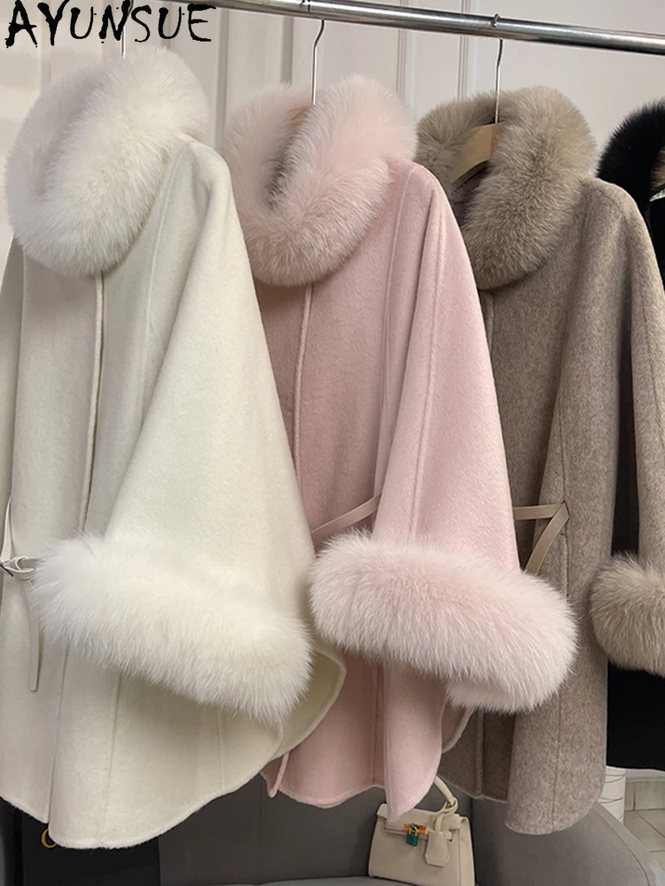 AYUNSUE Natural Cashmere Coat for Woman Fox Fur Double Sided Cashmere Coat Woman Clothes Loose Cloak Woolen Coat Autumn Winter