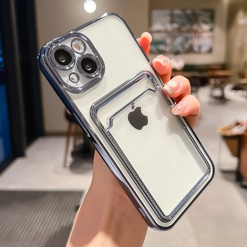 iPhone 13 11 12 14 15 16 Pro Max用 電気メッキ透明カードホルダー