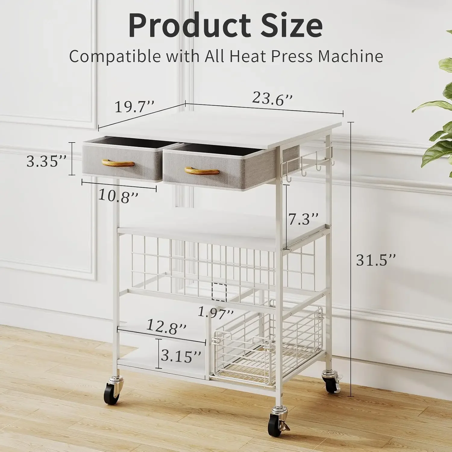 All-in-One Heat Press Table - 6-Tier Mobile Craft Cart with Storage Basket & Hooks, Vinyl Roll Holder, Compatible for Cricut, Su